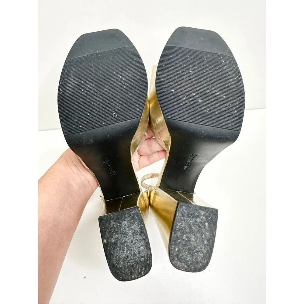Open Edit Kimber Gold Metallic Platform Block Heel Sandals Womens 9.5 Square Toe